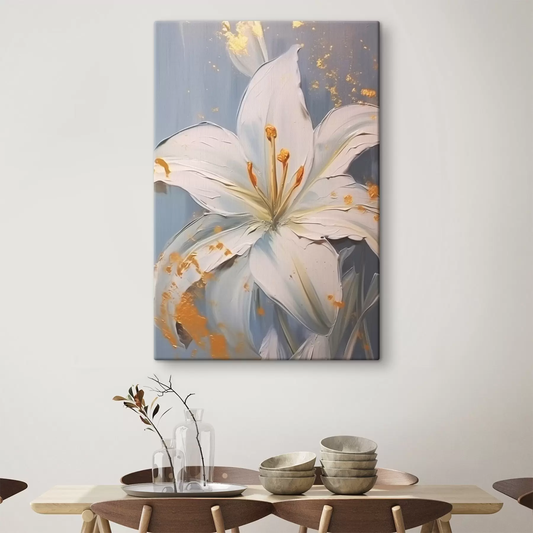Glezna Balta lilija ar dzelteniem akcentiem uz zila fona s45078