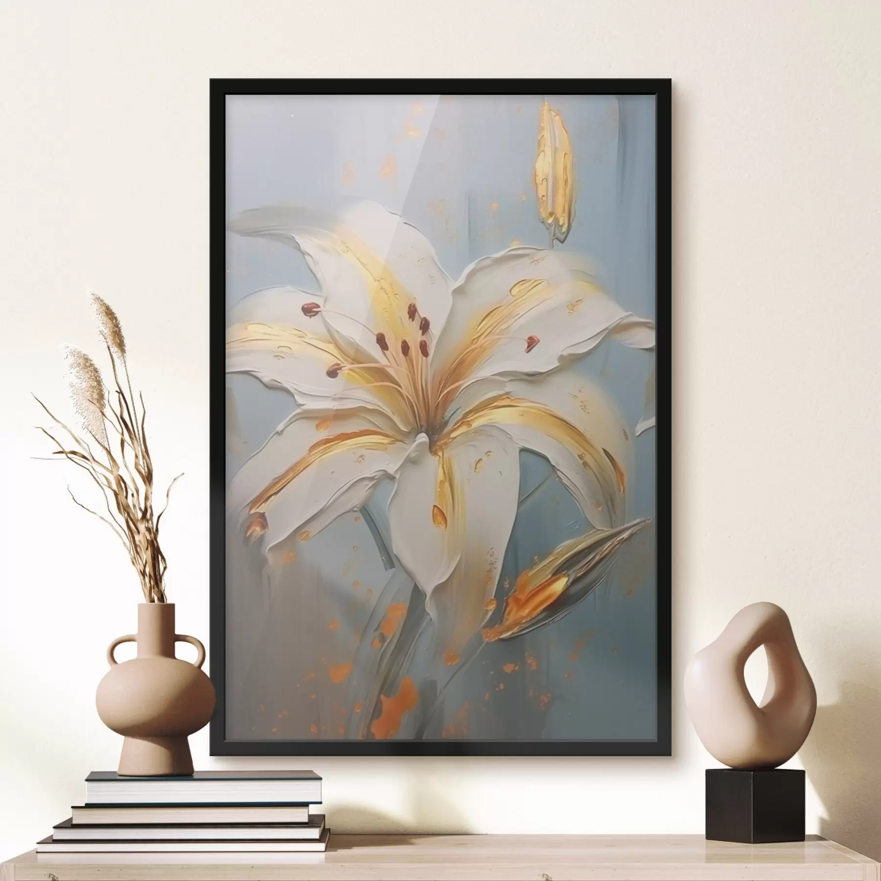 Fototapetes Balta lilija ar dzelteniem triepieniem uz zila fona f45077