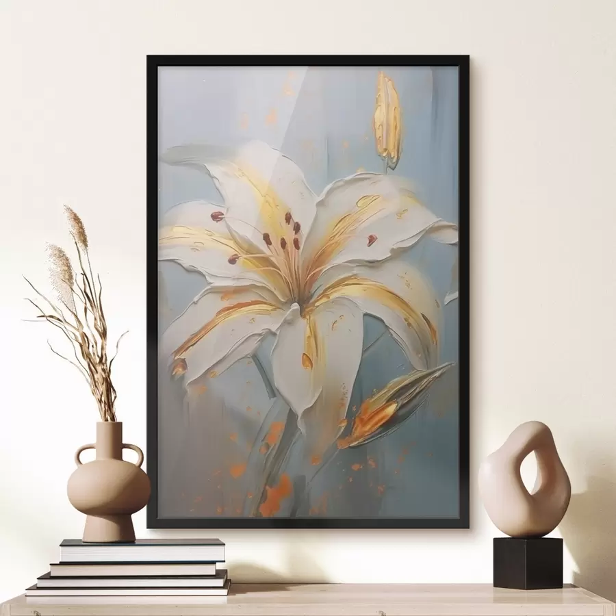 Fototapetes Balta lilija ar dzelteniem triepieniem uz zila fona f45077