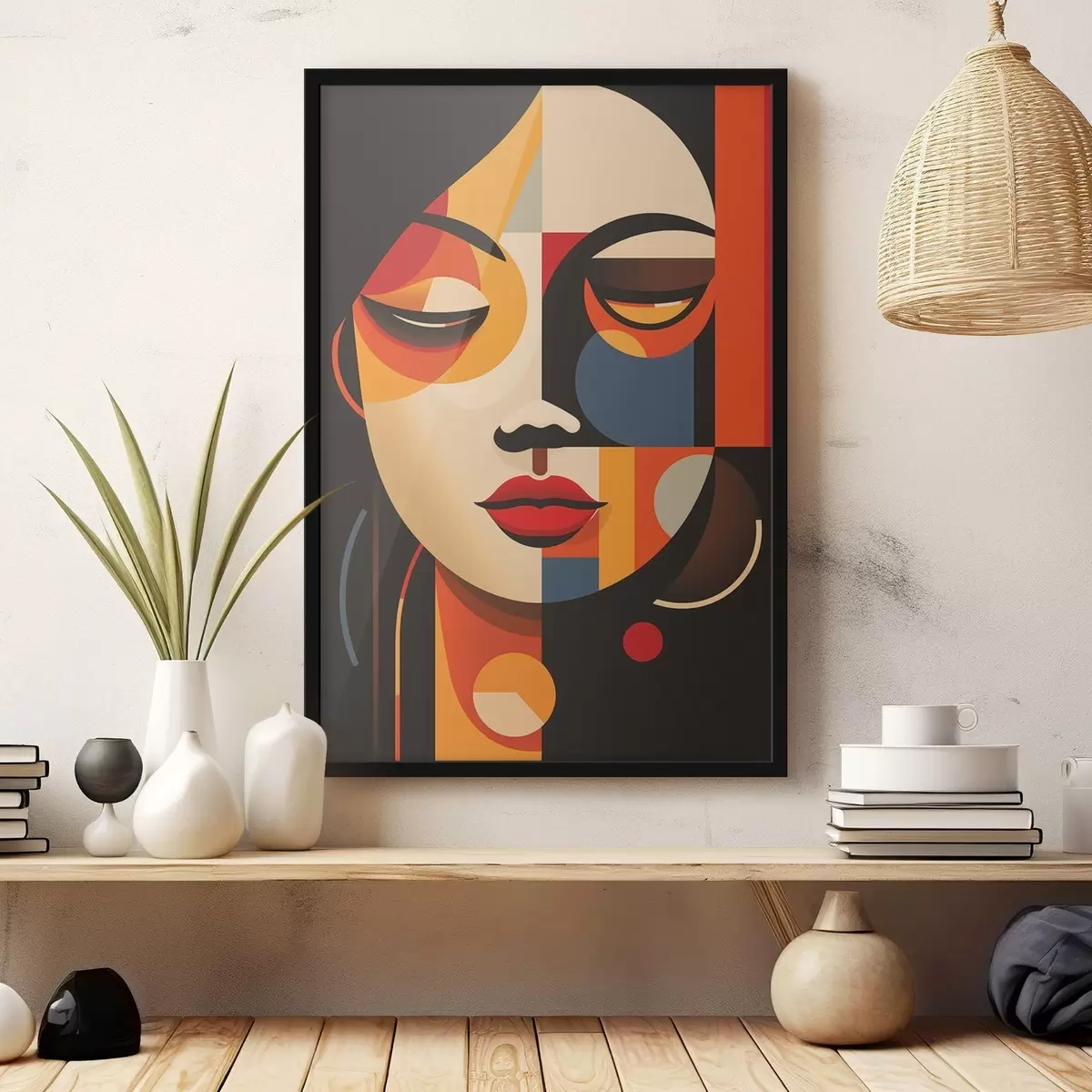 Plakāts Ģeometriska sievietes seja siltās krāsās f45087