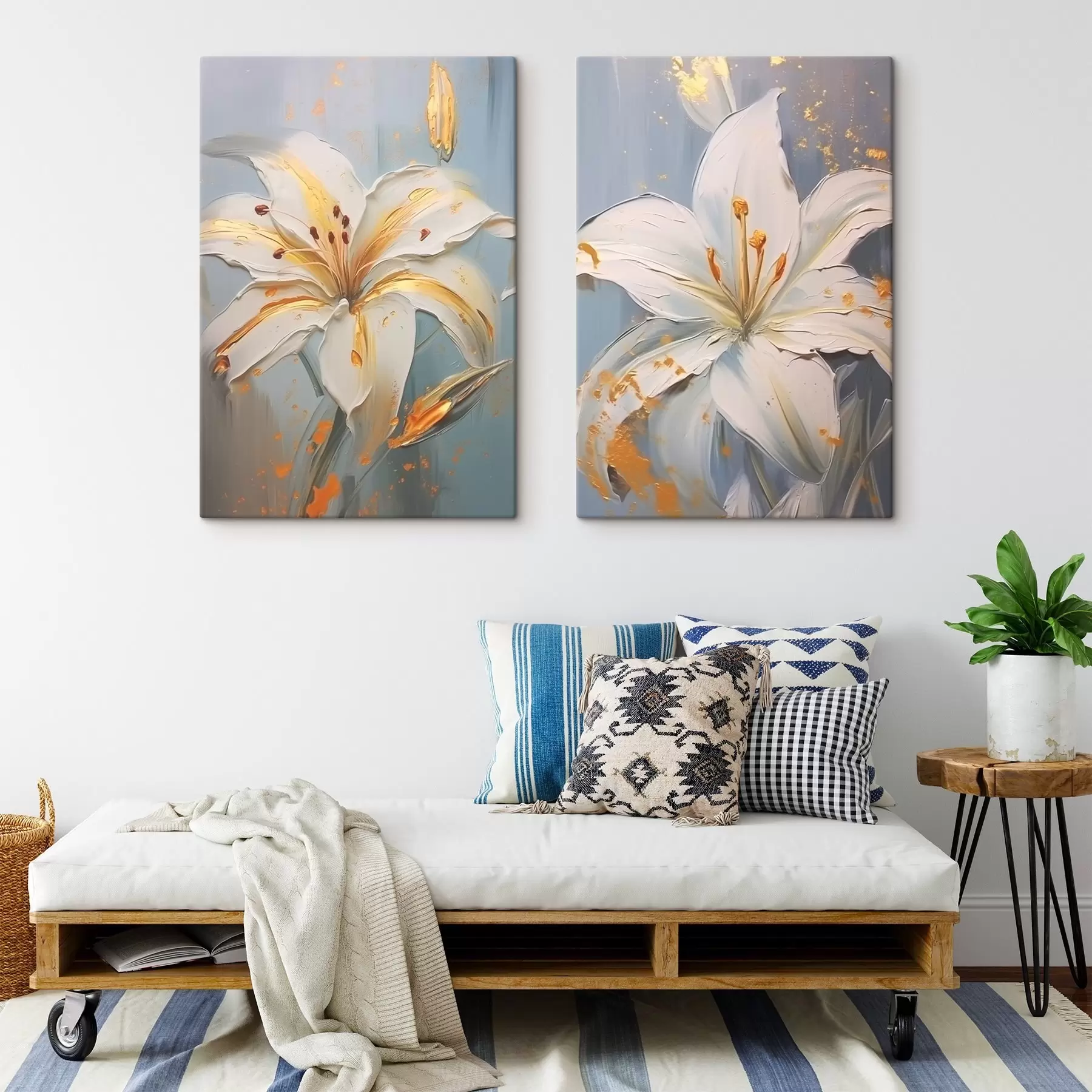 Glezna Baltas lilijas ar dzelteniem triepieniem uz zila fona m00497