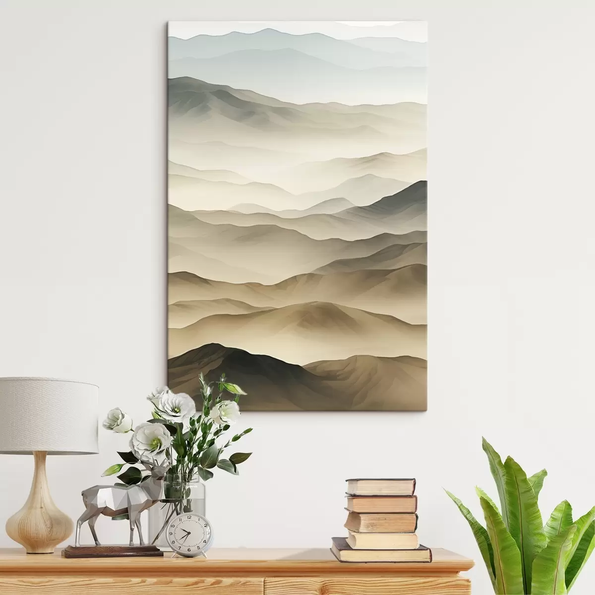 Glezna kalni, migla, neitrāli toņi, plūstošas līnijas, zeme, maigas malas, daba, dziļums s45096