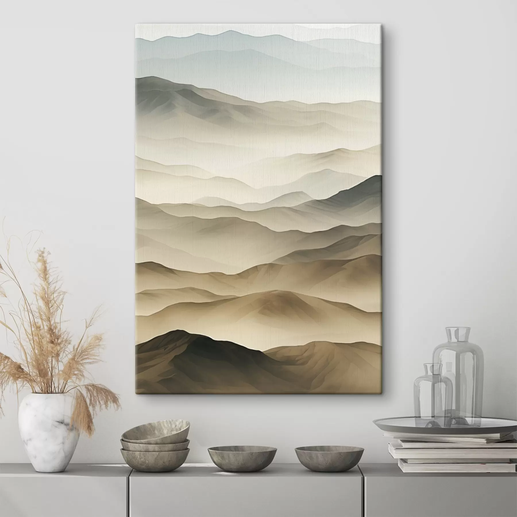 Fototapetes kalni, migla, neitrāli toņi, plūstošas līnijas, zeme, maigas malas, daba, dziļums s45096