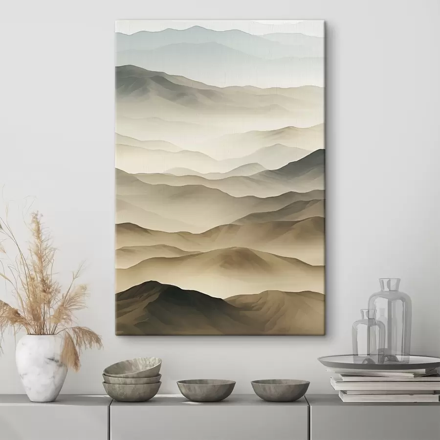 Glezna kalni, migla, neitrāli toņi, plūstošas līnijas, zeme, maigas malas, daba, dziļums s45096