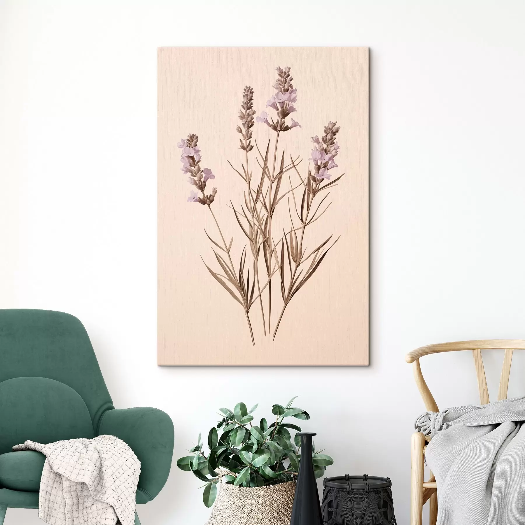 Glezna lavanda, botānisks, bēšs fons, maigi violets, lapas, ziedu, dabisks, kāts s45100