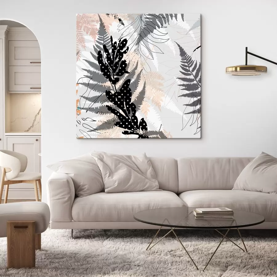 Glezna dabas apdruka, dekoratīvie zaļumi, džungļu maisījums, papardes formas, neitrāla palete, lapu māksla s45104