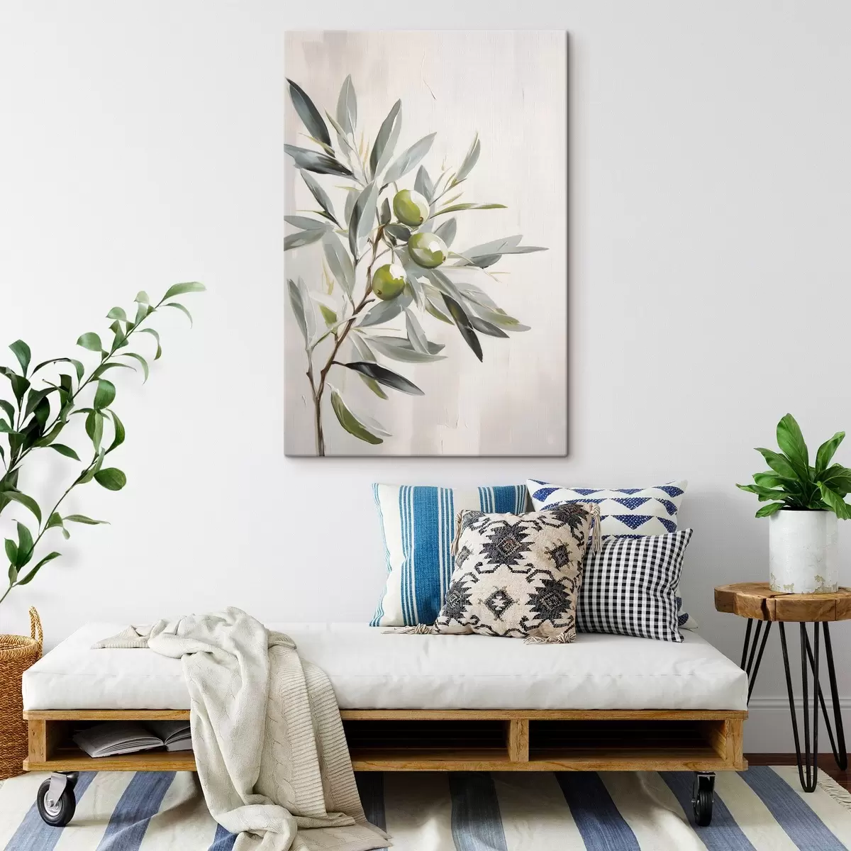 Glezna olīvu zars, zaļie augļi, pieklusināti toņi, lapas, minimāls, dabisks, eļļas glezna, botānisks s45109