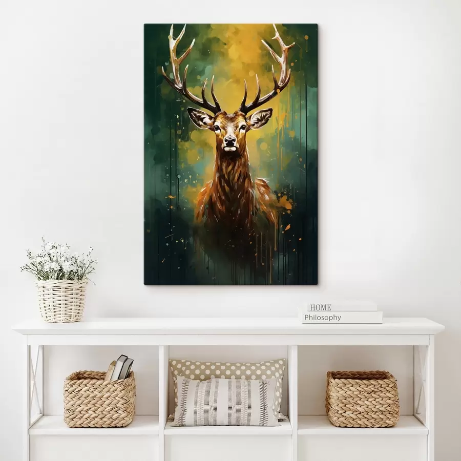 Glezna briedis, ragi, meža zaļš, oranža šļakatas, dzīvnieku portrets, krāsas pilieni, drosmīgs, savvaļas dzīvnieki s45111