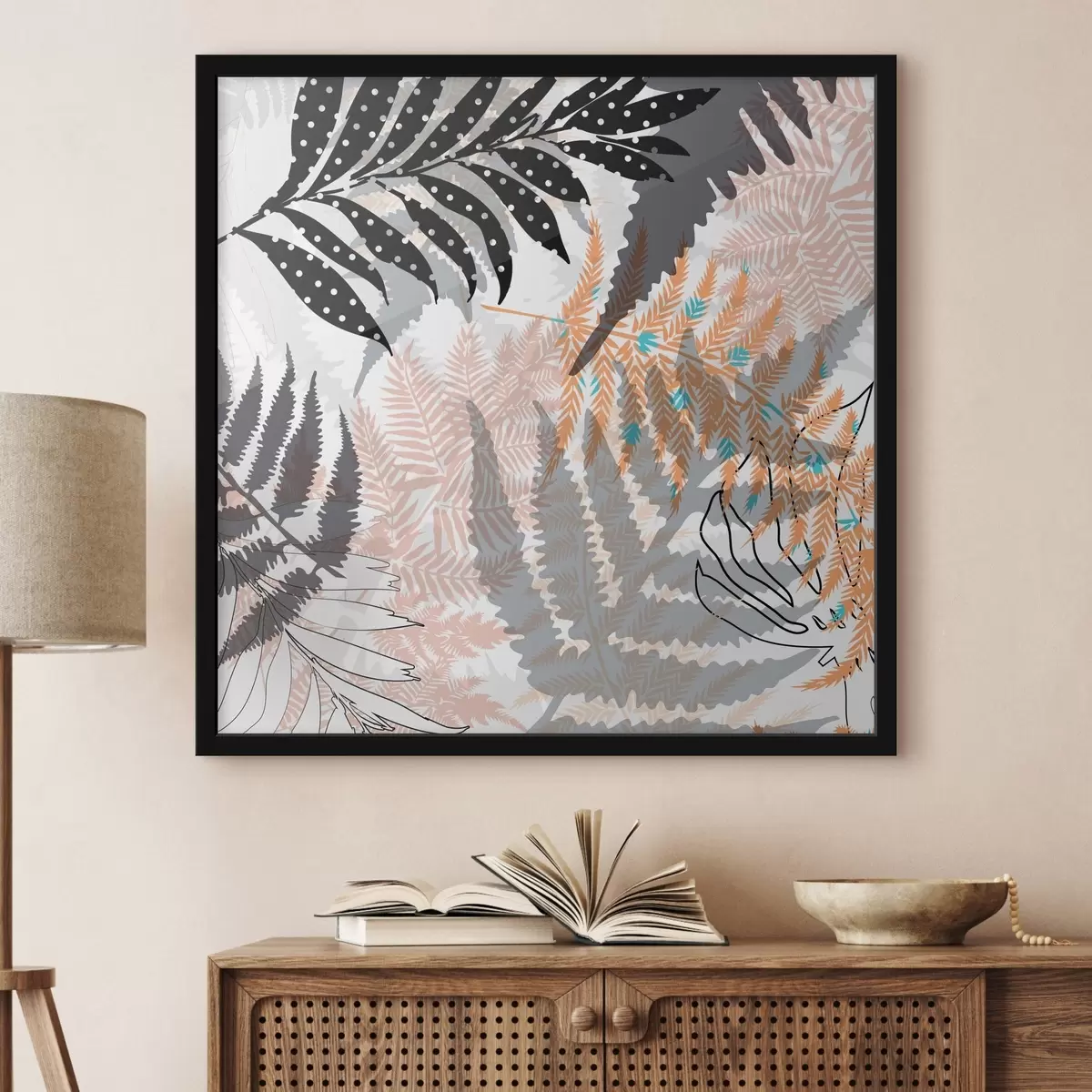 Plakāts tropu lapas, grafikas, tekstūra, bēšs un melns, siluets, mūsdienu, augs f45103