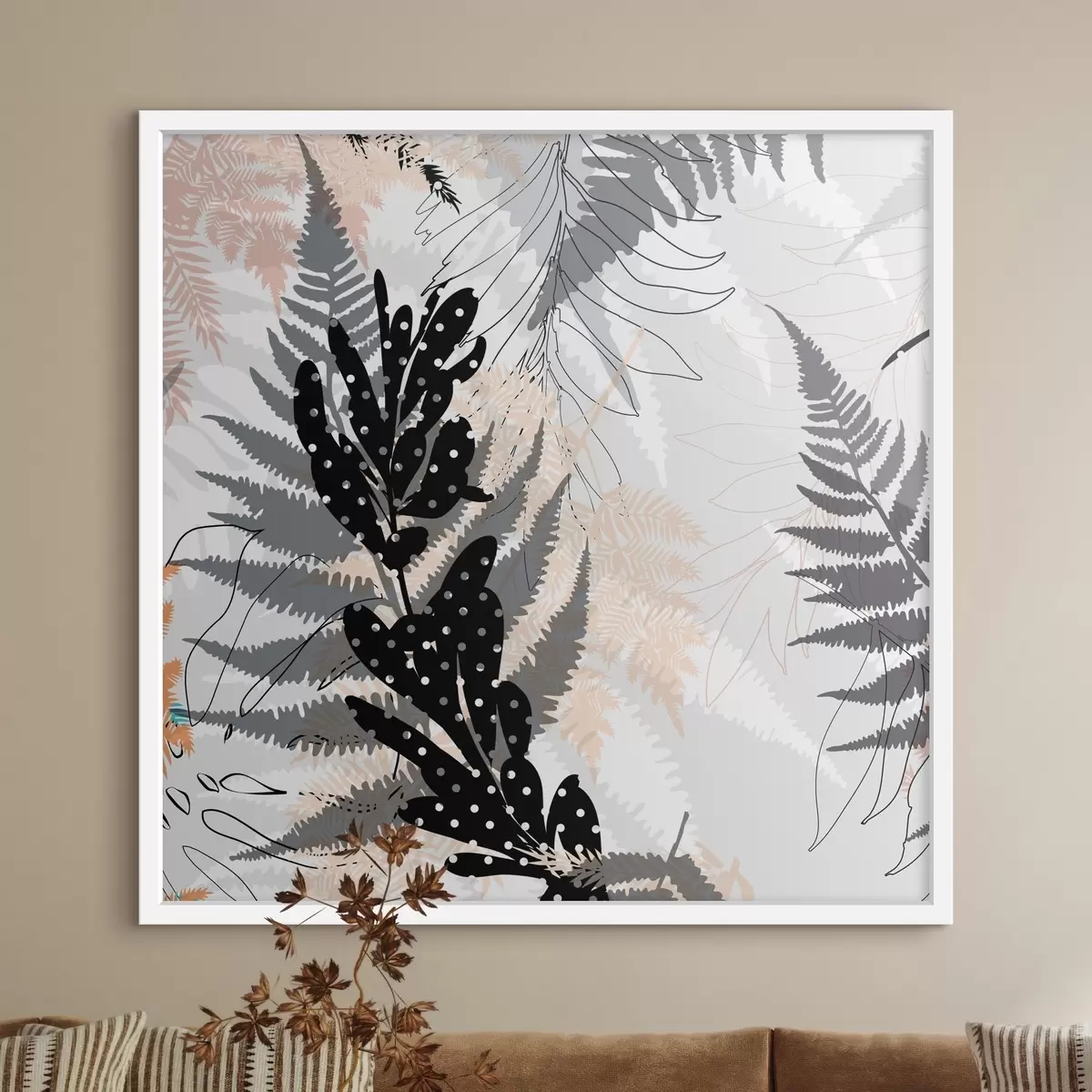 Plakāts dabas apdruka, dekoratīvie zaļumi, džungļu maisījums, papardes formas, neitrāla palete, lapu māksla f45104