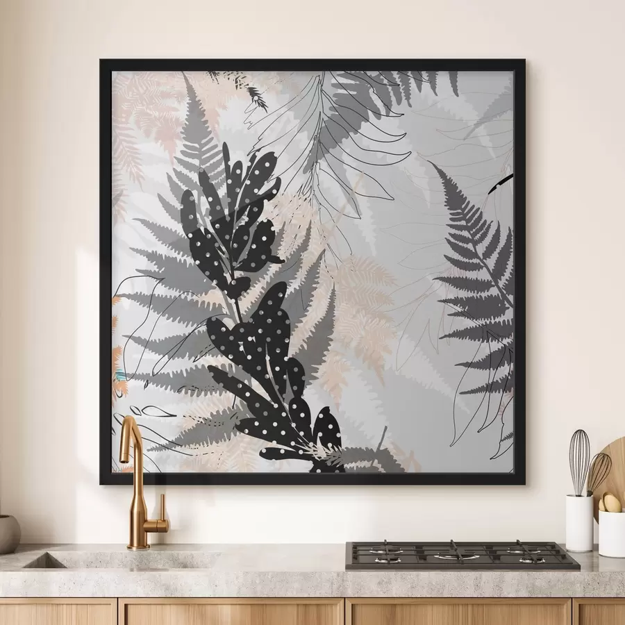 Fototapetes dabas apdruka, dekoratīvie zaļumi, džungļu maisījums, papardes formas, neitrāla palete, lapu māksla f45104