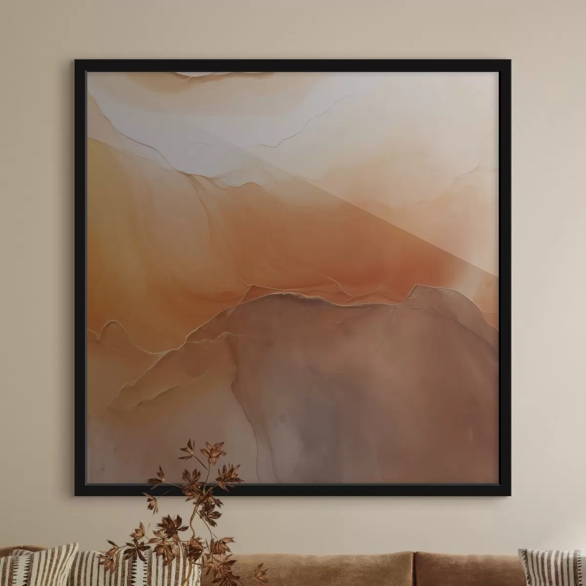 Plakāts neitrāla abstrakcija, smilšu krāsas, maigas līknes, vizuālā tekstūra, plūsmas efekts f45108