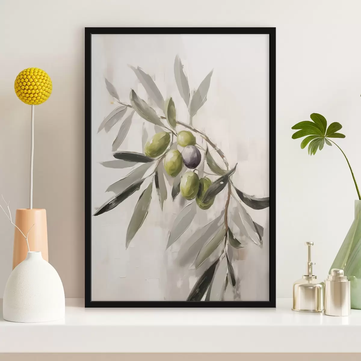 Plakāts zaļās olīvas, dabas palete, organiski, dabīgs fons, zaļās olīvas, zaru detaļa, gaišs fons, zemniecisks f45110