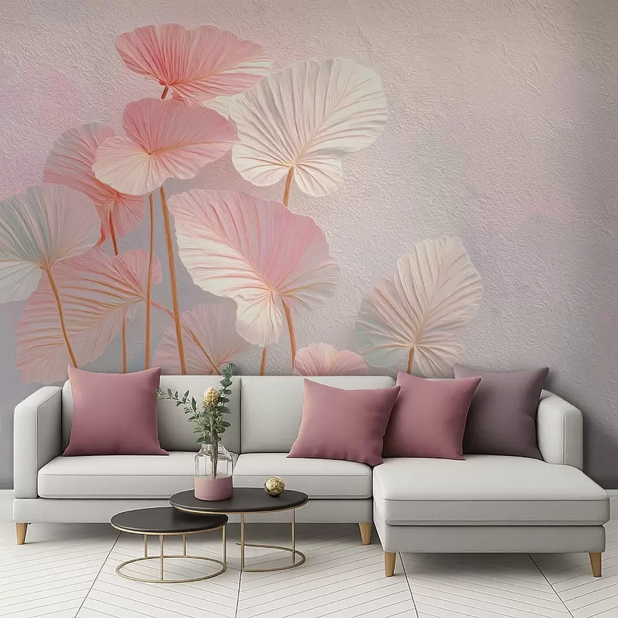 Fototapetes Elegantas lielas tropu lapas maigi rozā un zilos toņos w09252