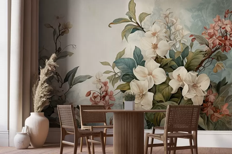 Fototapetes Teksturēti tropu ziedi un lapas ar maigi ziliem un zaļiem toņiem, maigi otas triepieni, vintage botāniskais stils w09259