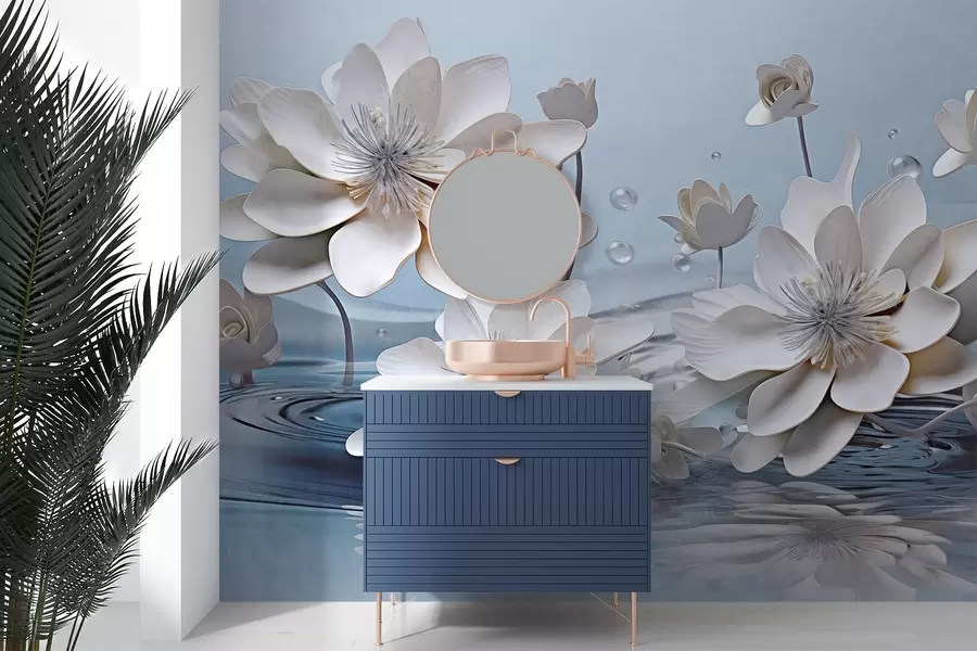 Fototapetes Balti teksturēti ziedi ar ūdens pilieniem, atspulgi uz ūdens virsmas, gaiši zils fons, elegants dizains w09262