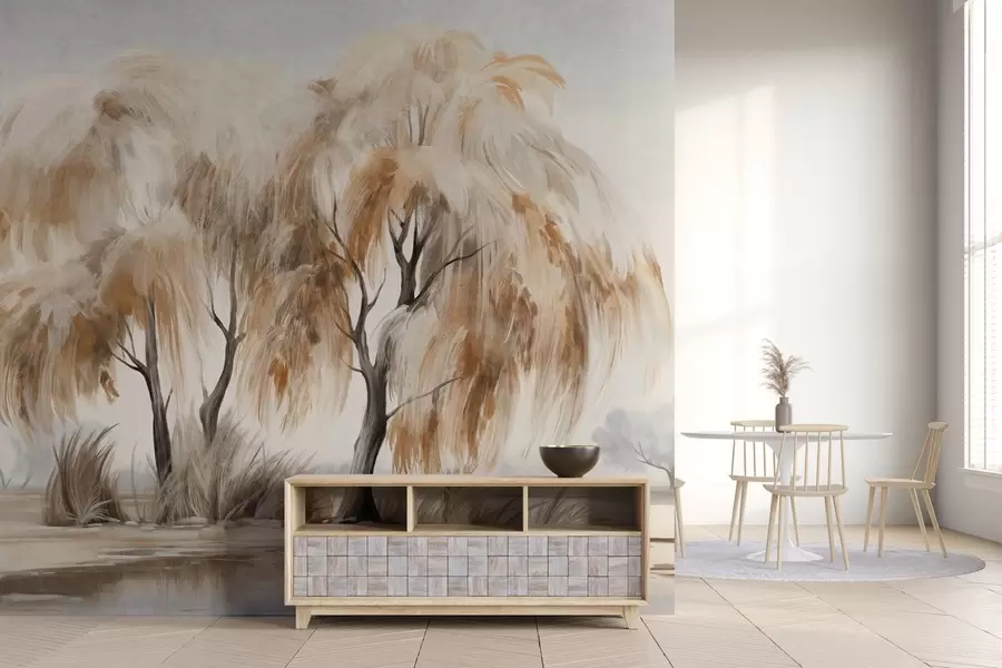 Fototapetes Teksturēti vītolu koki ar brūnām un baltām lapām ezera krastā, ap tiem ir nedaudz zāles miglainā dienā w09268