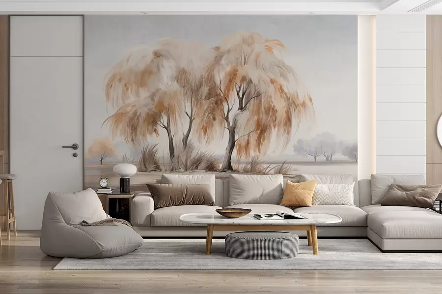 Fototapetes Teksturēti vītolu koki ar brūnām un baltām lapām ezera krastā, ap tiem ir nedaudz zāles miglainā dienā w09268