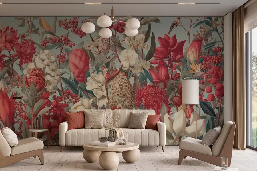 Fototapetes teksturēti tropu ziedi uz zila fona w04209