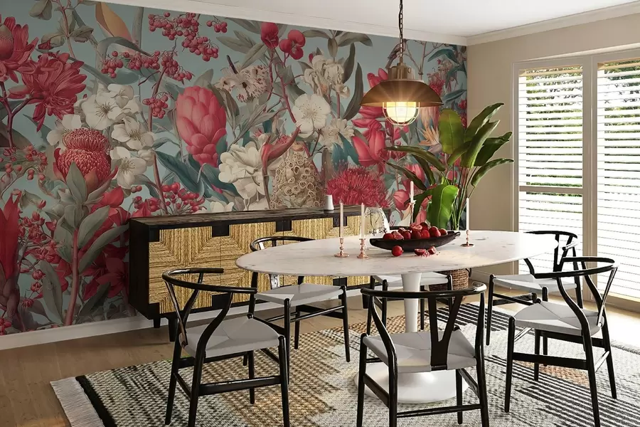 Fototapetes teksturēti tropu ziedi uz zila fona w04209