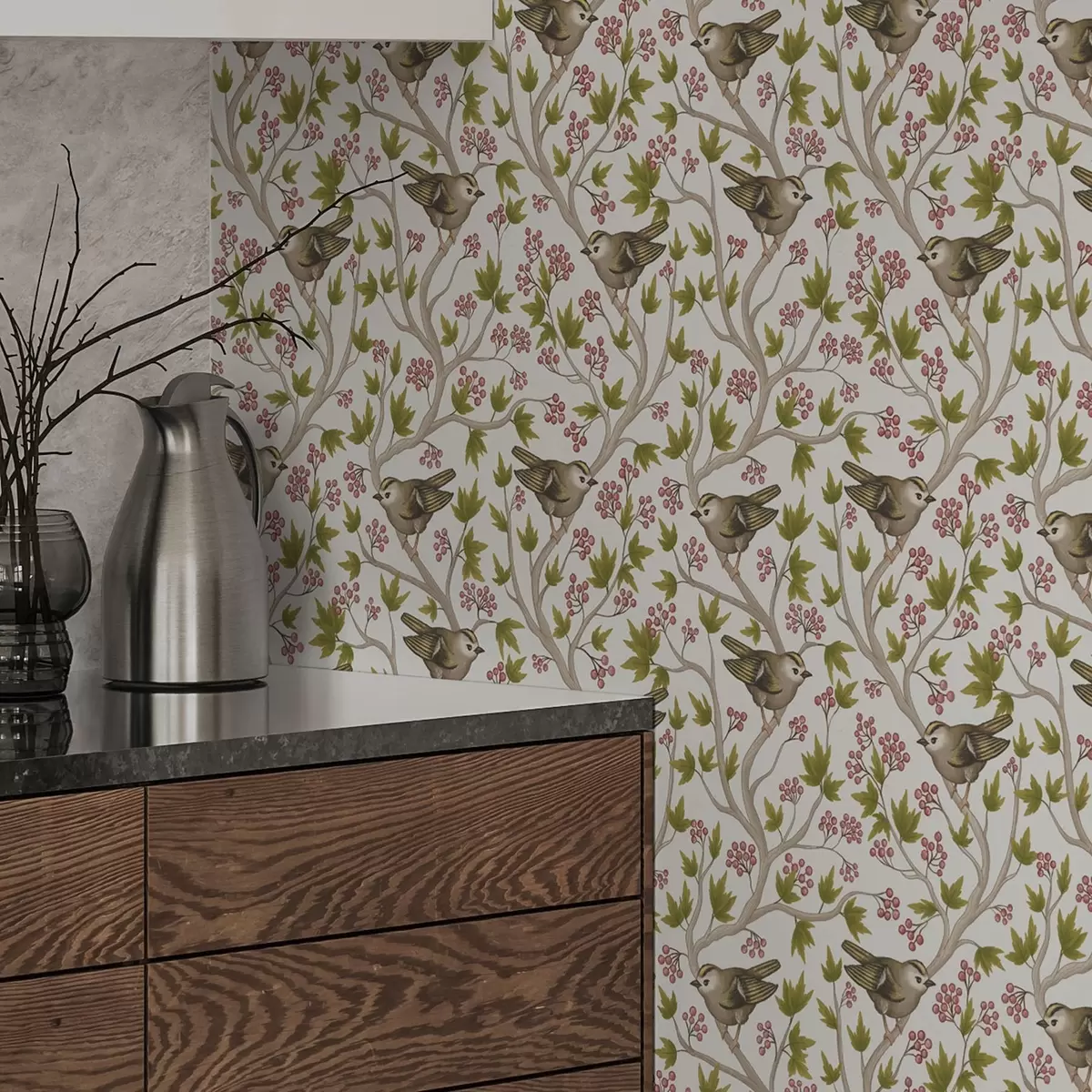 Tapetes Putni uz zariem ar lapām un ogām uz balta fona a00283