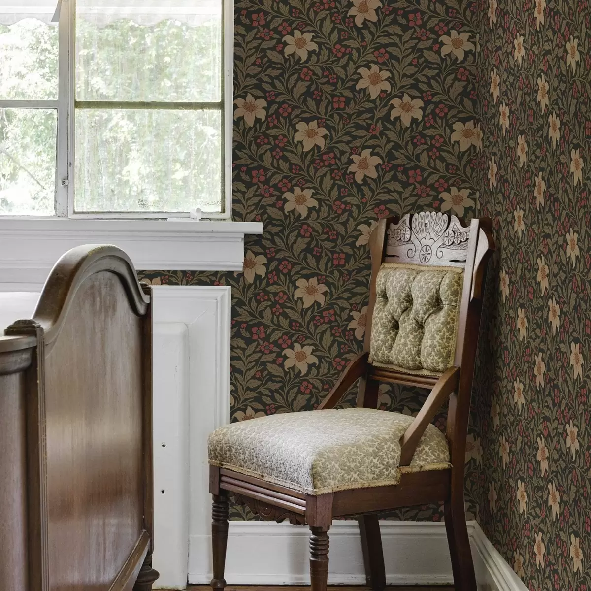 Tapetes Tumšs fons ar dzelteniem un sarkaniem ziediem jūgendstila stilā a00293