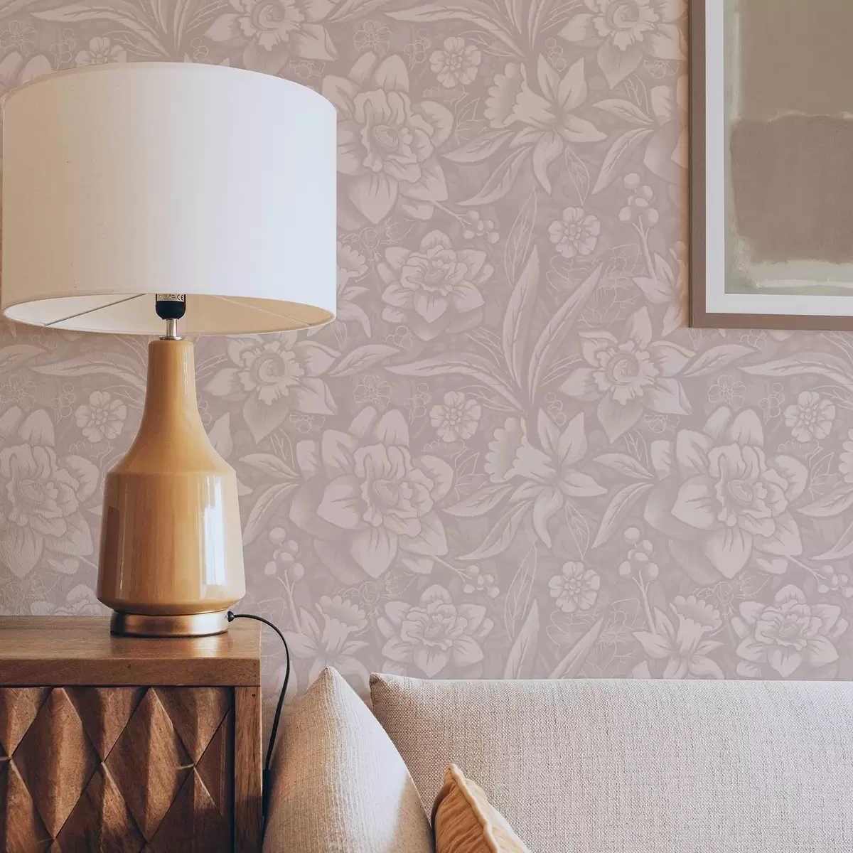 Tapetes Vienkrāsains ziedu dizains ar narcisēm uz krēmkrāsas fona a00294