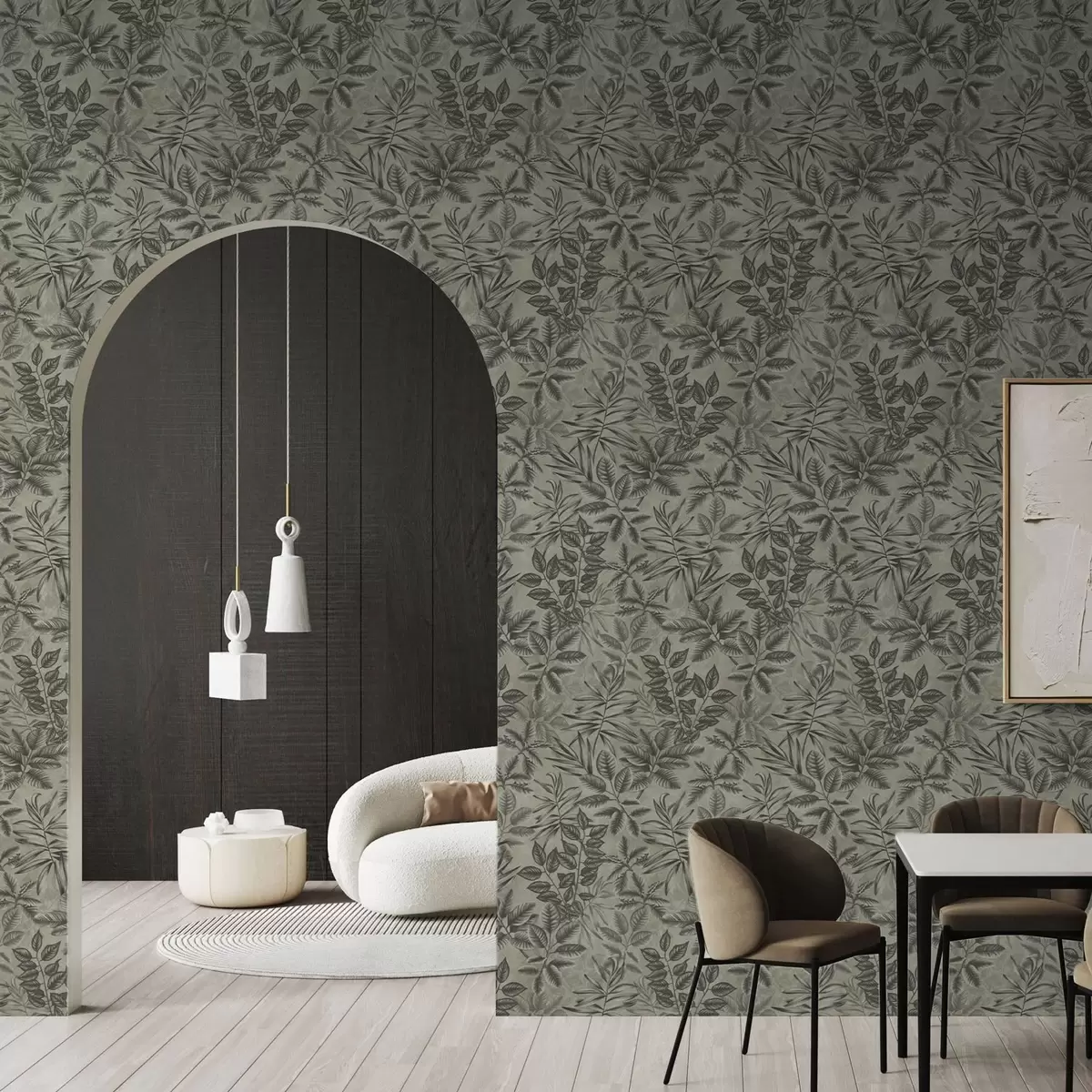 Tapetes Dažādu formu pelēkas tropu lapas uz vintage fona a00297