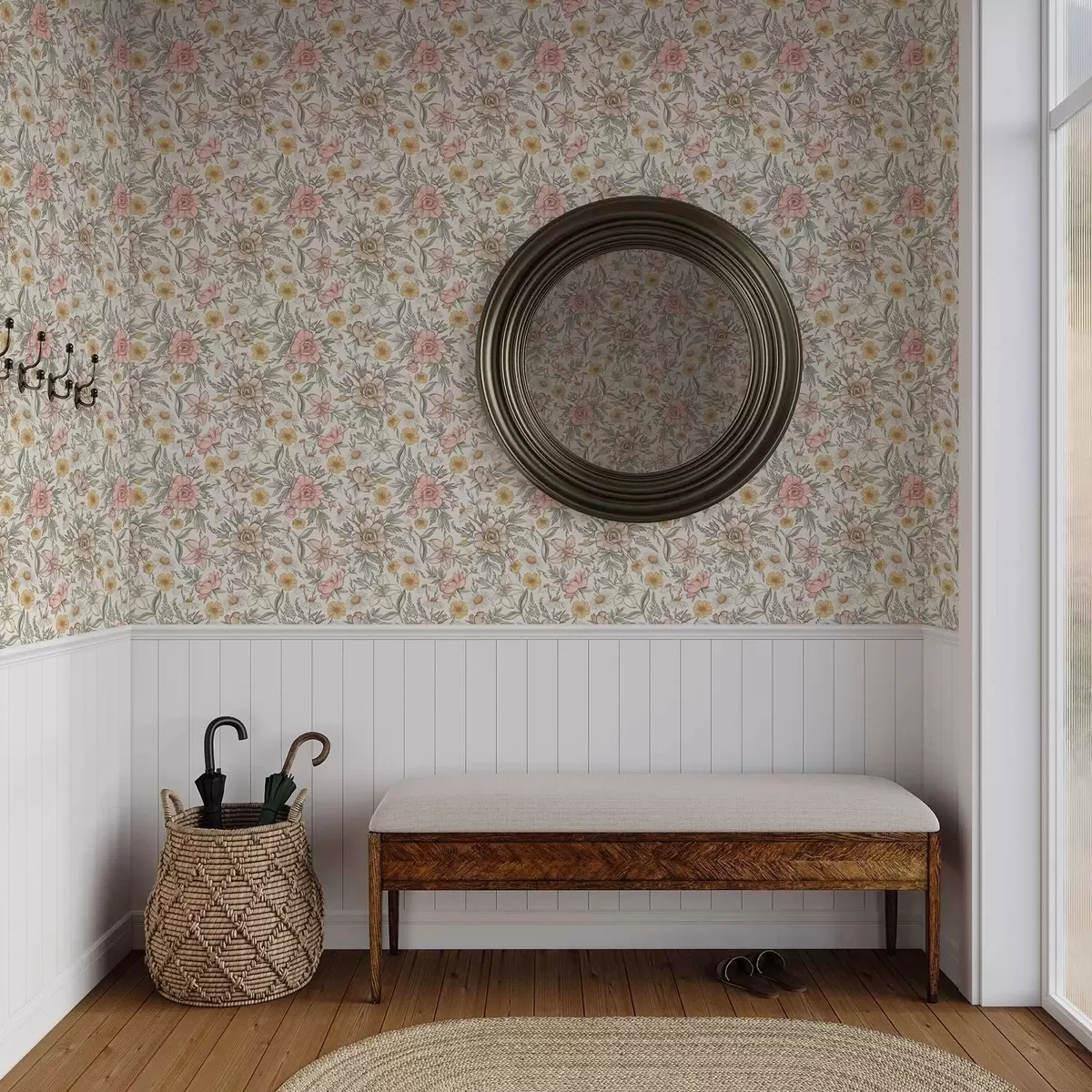 Tapetes Margrietiņas, peonijas, lilijas un lapas maigās krāsās a00299