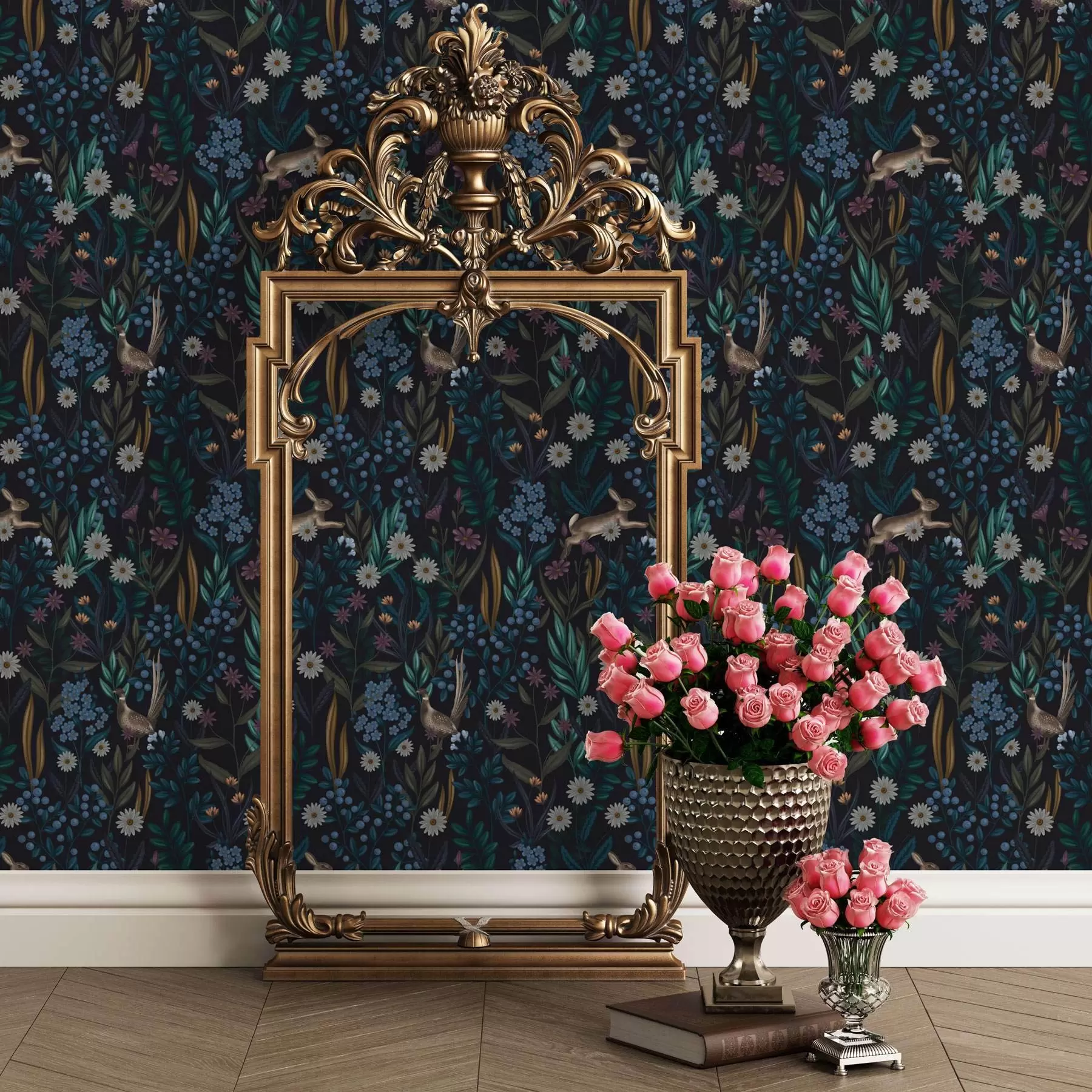 Fototapetes Tumšs mežs ar ziediem, zaķi un putnu a00310