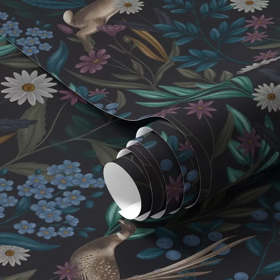 Fototapetes Tumšs mežs ar ziediem, zaķi un putnu a00310