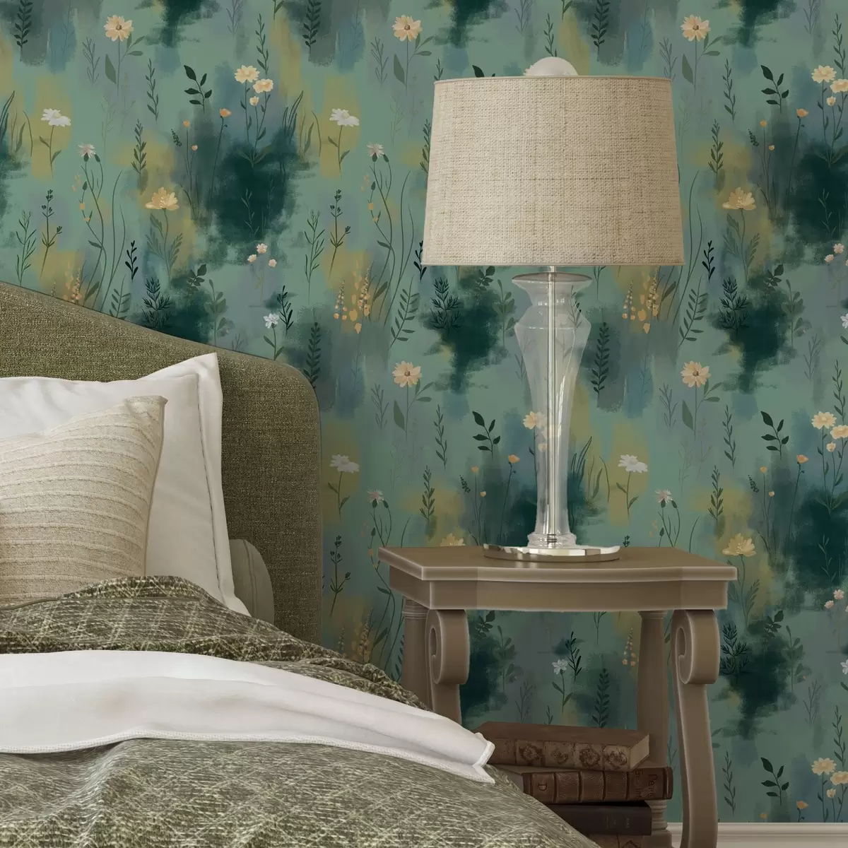 Tapetes Akvareļa abstrakcija ar ziediem uz zaļa fona a00312