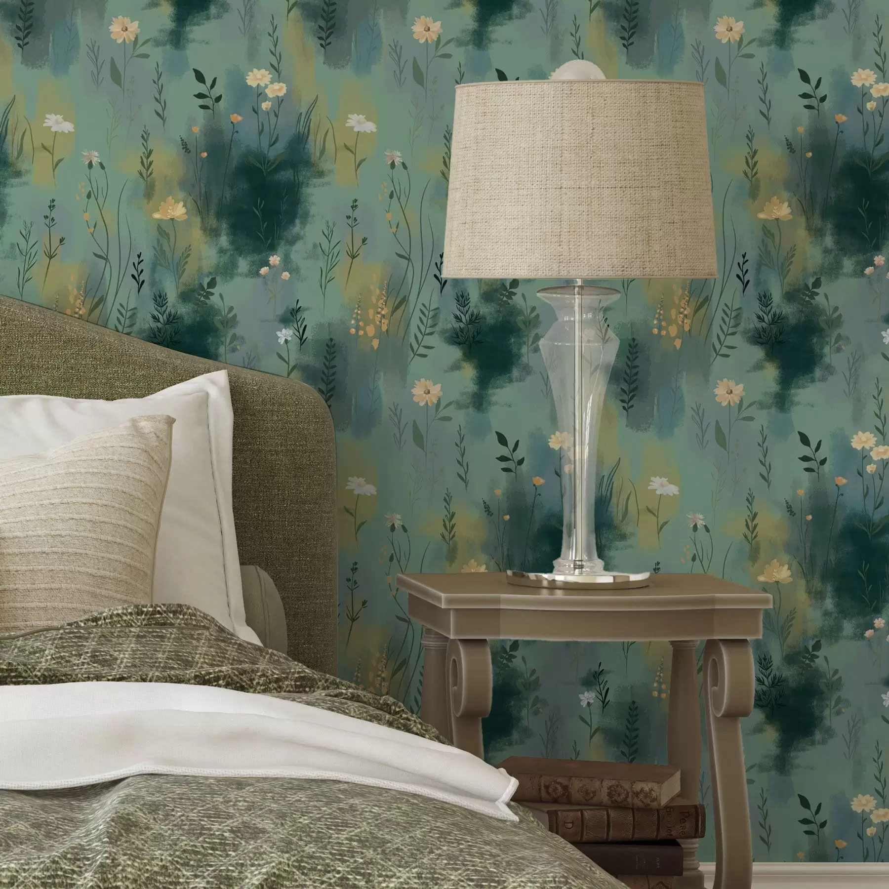 Fototapetes Akvareļa abstrakcija ar ziediem uz zaļa fona a00312