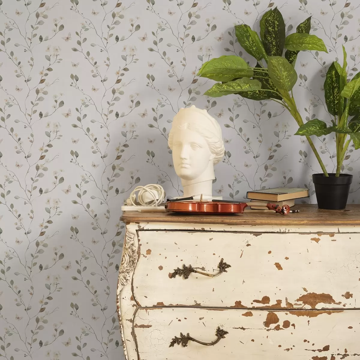 Tapetes Plāni zari ar ziediem un tauriņiem uz balta fona a00342