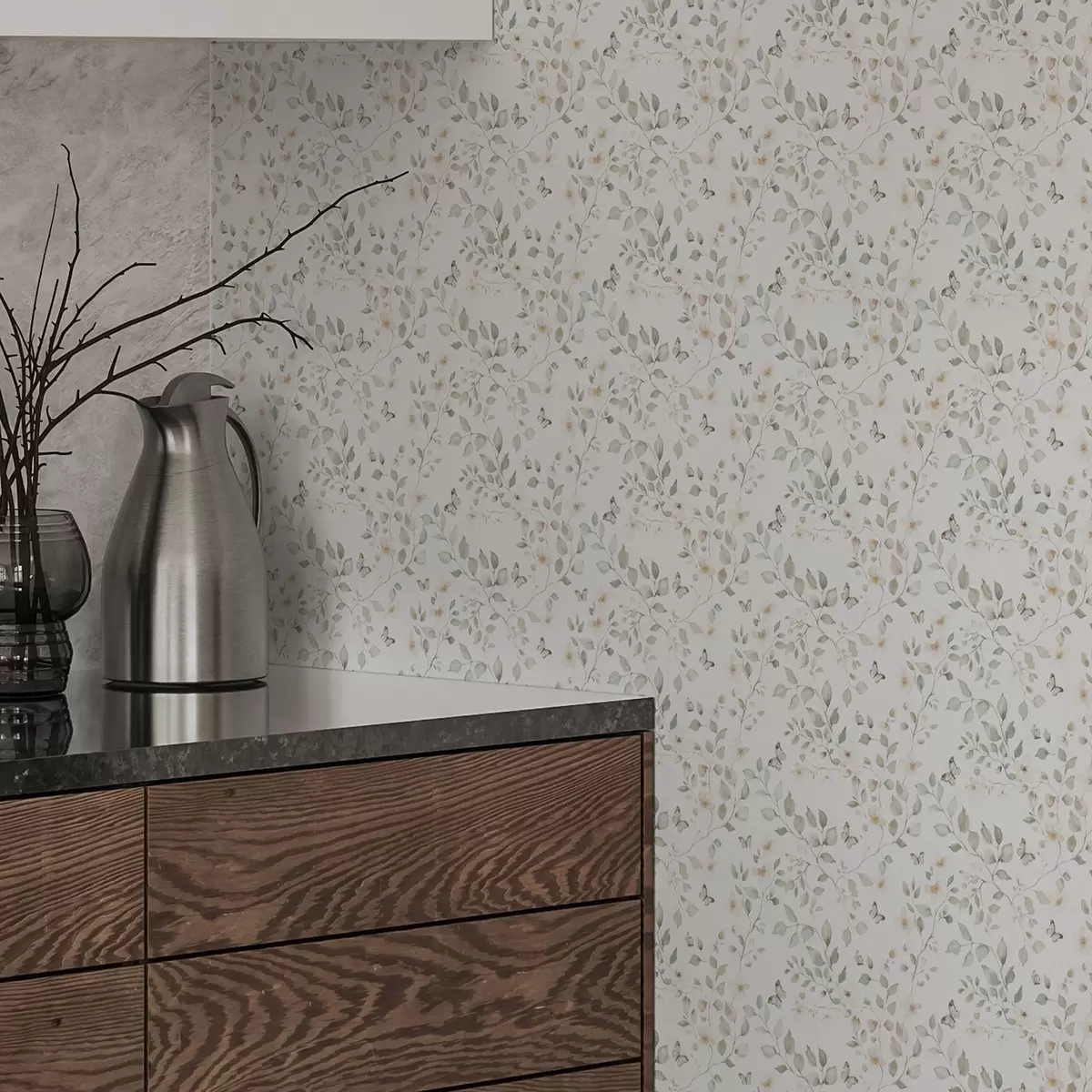Tapetes Viegli zari ar lapām un ziediem nelielos atkārtojumos a00343