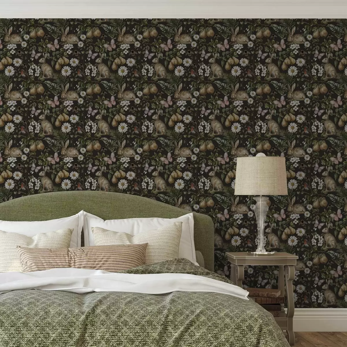 Tapetes Reālistiski truši, bumbieri, ziedi un kukaiņi uz tumša fona a00401