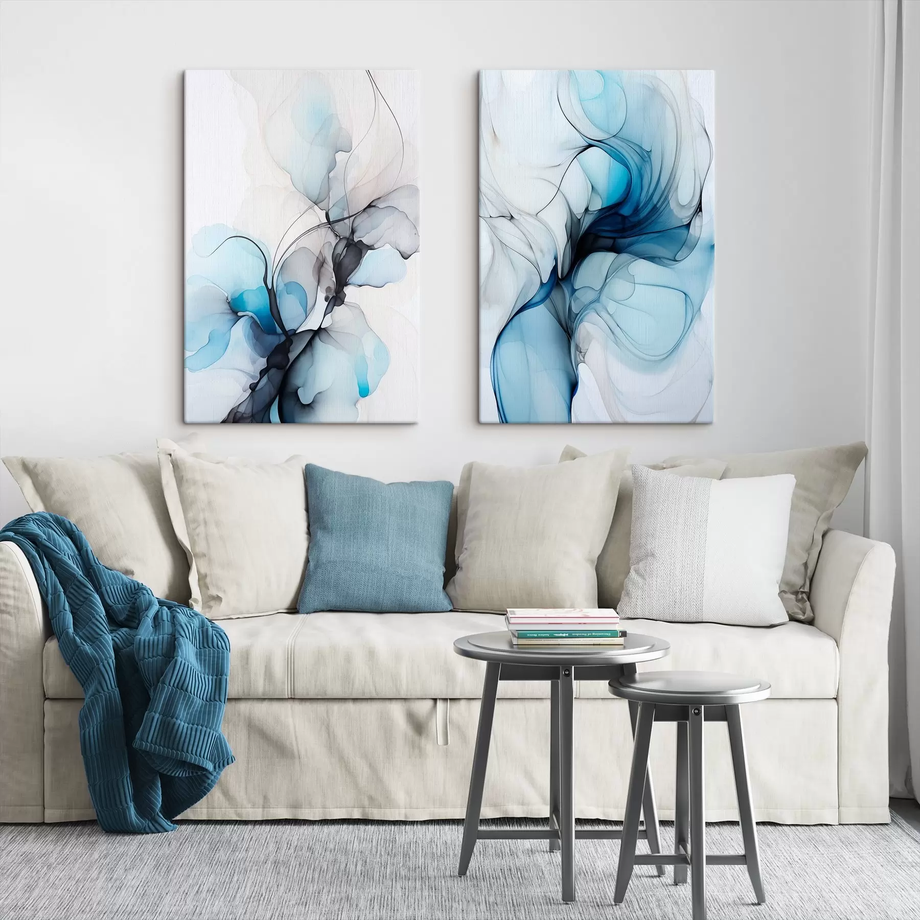 Glezna Abstrakta kompozīcija ar plūstošām līnijām un caurspīdīgām ziedlapiņām zilganbaltos un bēšos toņos, alkohola tintes imitācija m00523