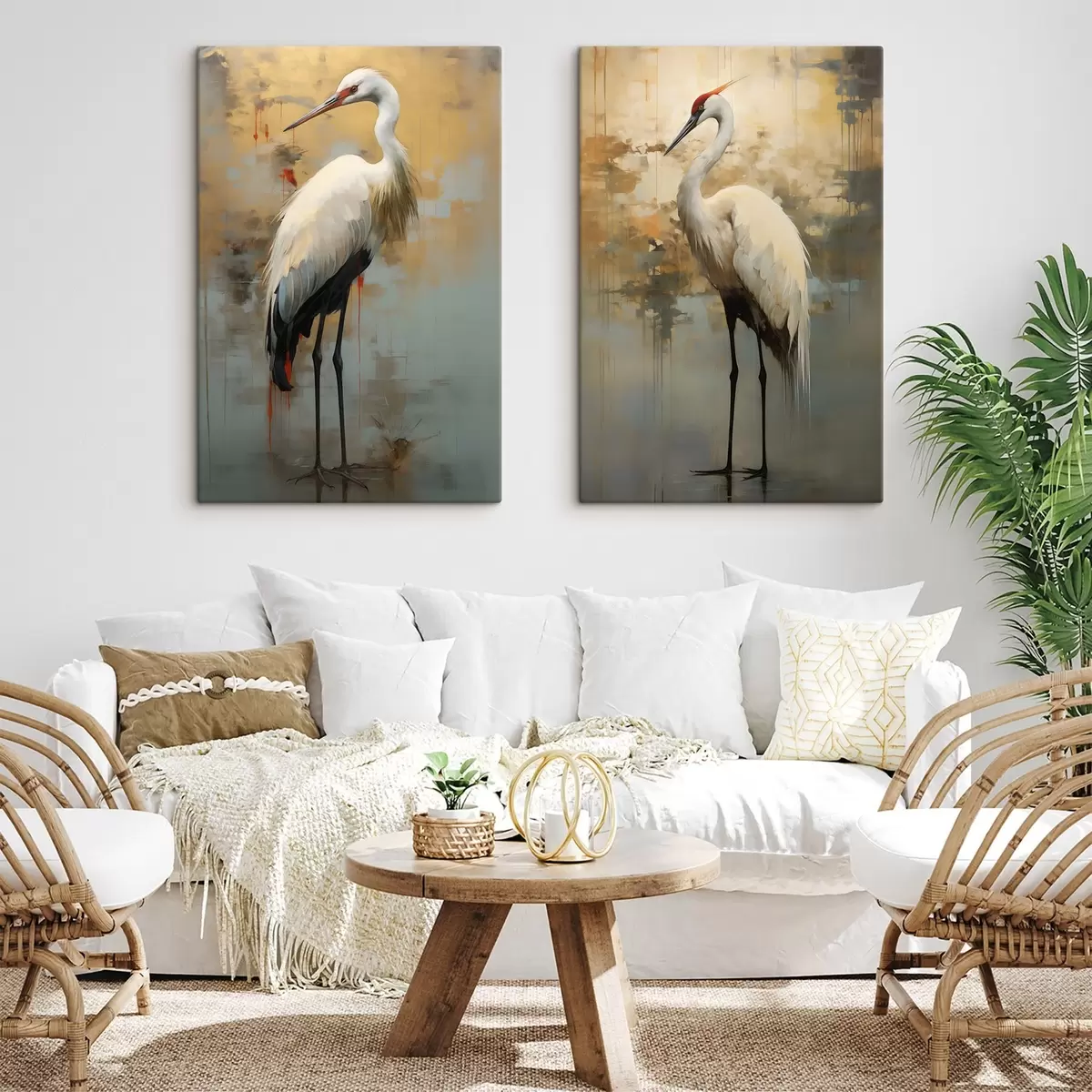 Glezna Balts gārnis uz dzeltenas, brūnas un zilas krāsas fona, kas atgādina miglainu, abstraktu ainavu m00530