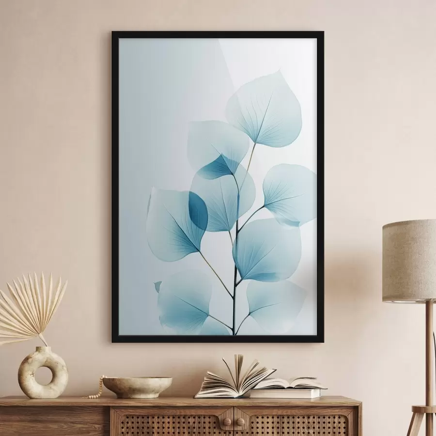 Fototapetes Zariņš ar caurspīdīgām zilām lapām, redzamas maigas dzīslas, viegla un mierīga kompozīcija, minimālisma estētika f45175