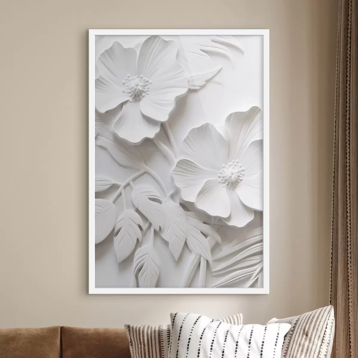 Plakāts Dekoratīvi minimālisma stilā veidoti balti ziedi ar lapām, reljefa imitācija, balts fons f45179