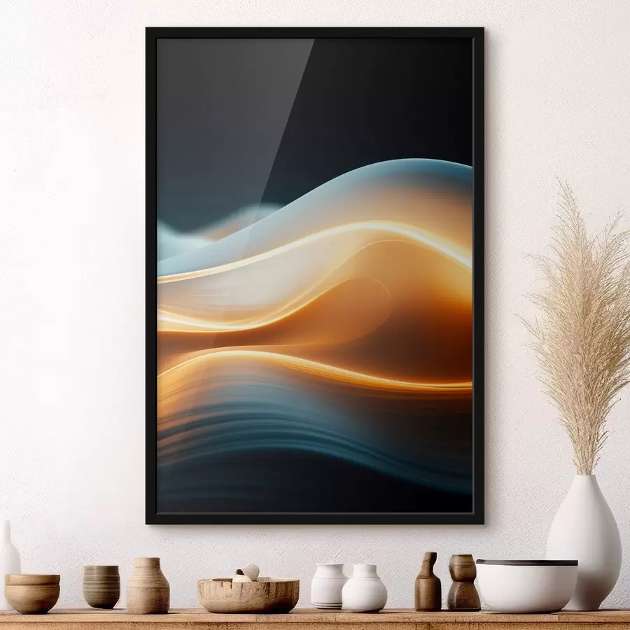 Fototapetes Abstraktas plūstošas formas ar oranžām līnijām, gludas līknes un līnijas, dinamiska kompozīcija, tumšs fons f45183