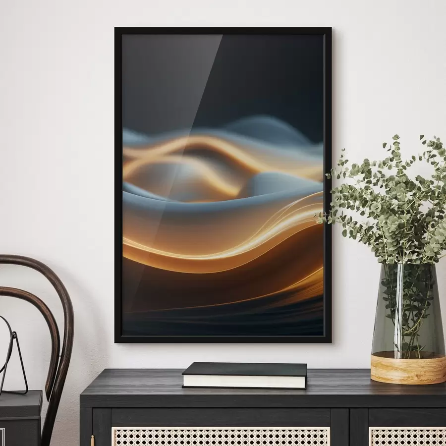 Fototapetes Abstraktas plūstošas formas ar oranžām līnijām, gludas līknes un līnijas, dinamiska kompozīcija, tumšs fons f45184