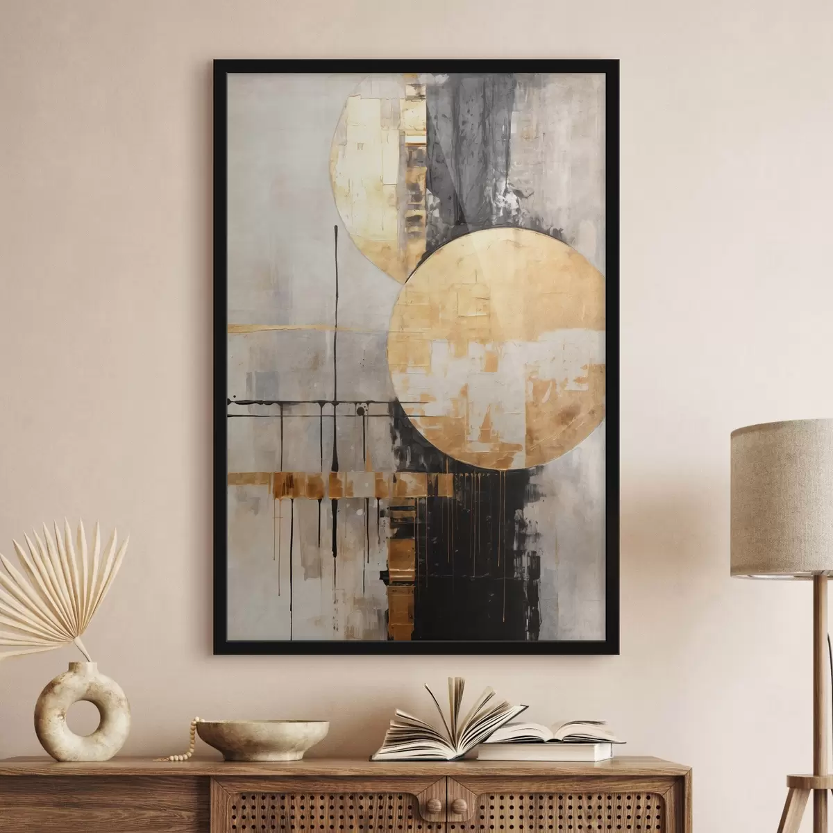 Plakāts Abstrakta glezna ar apļiem, melnām un dzeltenām līnijām un fonu ar pelēkiem un baltiem toņiem f45185