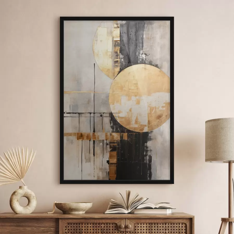 Fototapetes Abstrakta glezna ar apļiem, melnām un dzeltenām līnijām un fonu ar pelēkiem un baltiem toņiem f45185