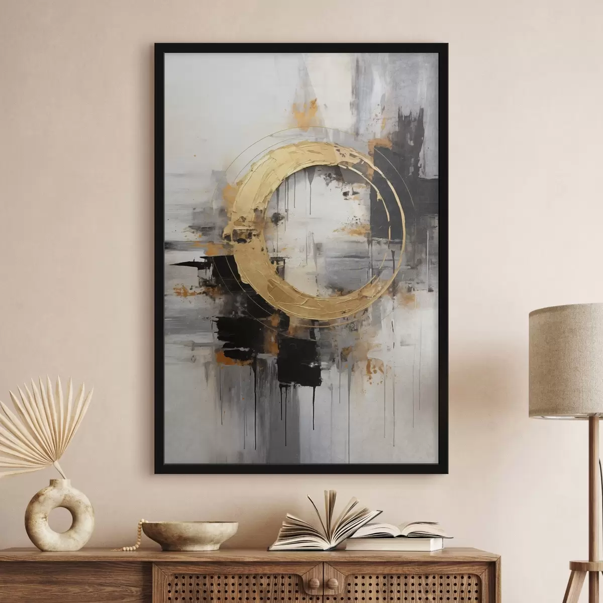 Plakāts Abstrakta glezna ar apļiem, melnām un dzeltenām līnijām un fonu ar pelēkiem un baltiem toņiem f45186