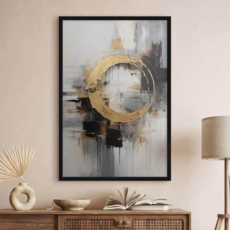 Fototapetes Abstrakta glezna ar apļiem, melnām un dzeltenām līnijām un fonu ar pelēkiem un baltiem toņiem f45186