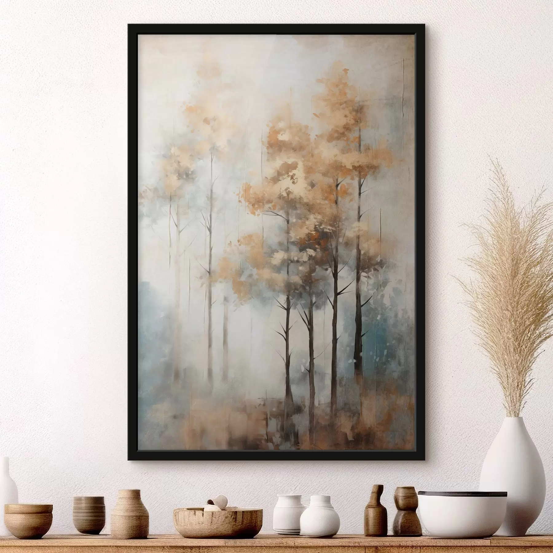 Fototapetes Teksturēti augsti koki ar dzeltenām lapām mežā , fons ir maigu zilu un brūnu toņu sajaukums f45187