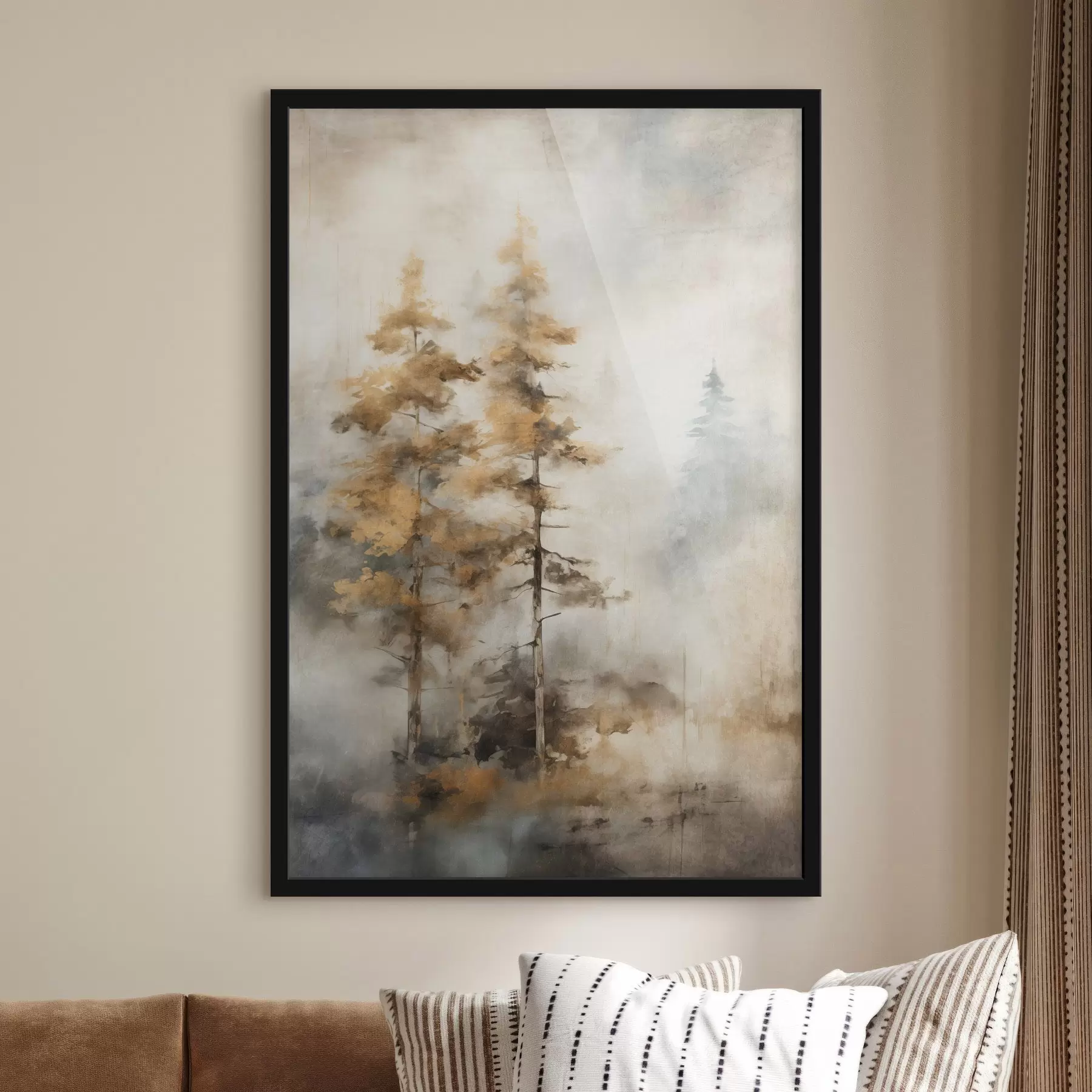 Fototapetes Teksturēti augsti koki ar dzeltenām lapām mežā , fons ir maigu zilu un brūnu toņu sajaukums f45188