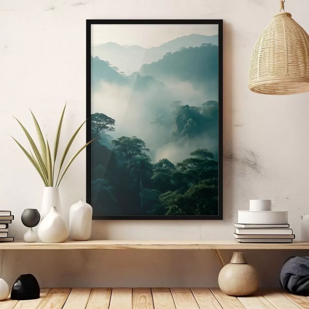 Plakāts Tropu lietus mežs ar sulīgi zaļiem kokiem un biezu miglas slāni, kas rada atmosfērisku vidi f45189