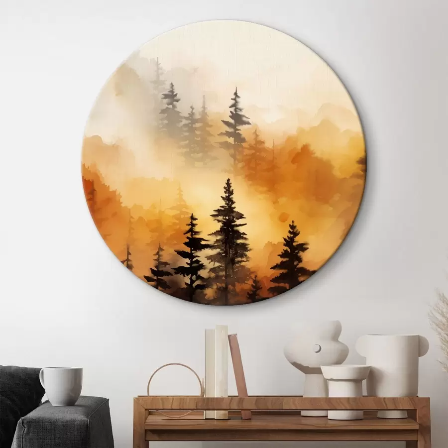 Glezna Ainavu akvareļglezniecība, kas imitē mežu ar augstām priedēm un kalniem fonā r45170